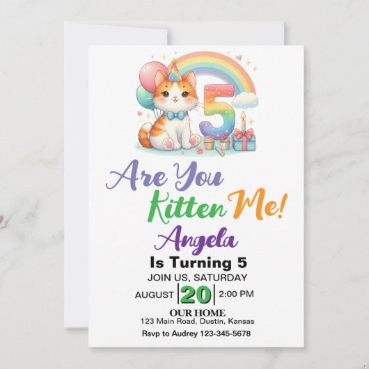 Invitation Fête d'anniversaire de 5 ans de chaton mignon (Devant)