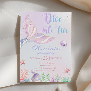 Invitation Fête d'anniversaire de 5 ans Mermaid Dive Into Fiv