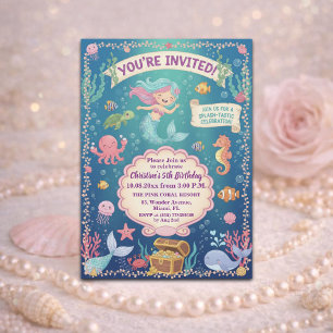 Invitation Fête d'anniversaire de 5 ans Mermaid Pink Under th