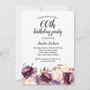 Invitation Fête d'anniversaire de 60 ans à l'aquarelle violet