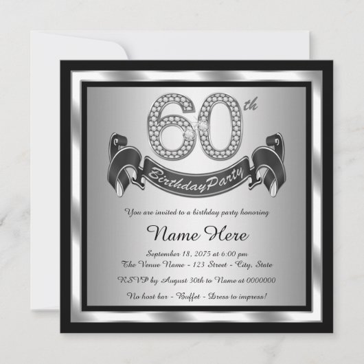 Invitation Fête d'anniversaire de 60 ans argentée (Devant)