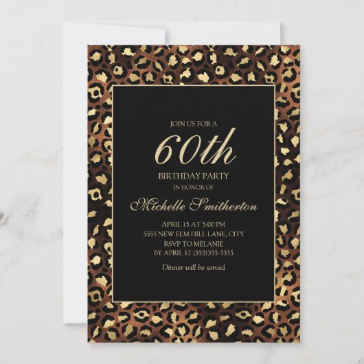 Invitation Fête d'anniversaire de 60 ans Bronze Or Léopard No (Devant)