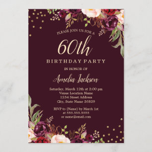 Invitation Fête d'anniversaire de 60 ans Burgundy floral Gold