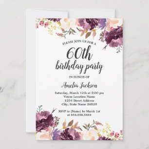 Invitation Fête d'anniversaire de 60 ans Fleur Violet Aquarel