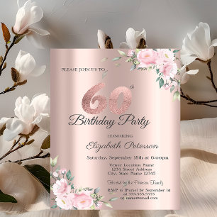 Invitation Fête d'anniversaire de 60 ans Rose Gold Floral Ros