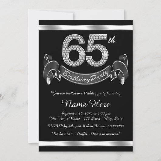 Invitation Fête d'anniversaire de 65 ans argentée (Devant)