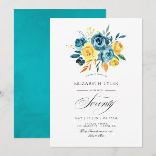 Invitation Fête d'anniversaire de 70 ans aux fleurs turquoise