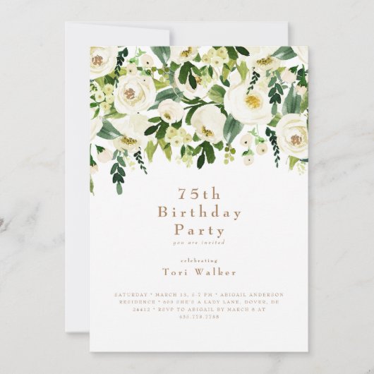 Invitation Fête d'anniversaire de 75 ans à fleurs blanches en (Devant)