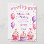 Invitation Fête d'anniversaire de 7 ans avec Cupcake Rose (Devant)