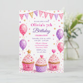 Invitation Fête d'anniversaire de 7 ans avec Cupcake Rose (Debout devant)