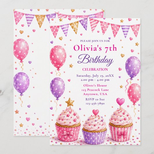 Invitation Fête d'anniversaire de 7 ans avec Cupcake Rose (Devant / Derrière)