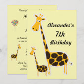 Invitation Fête d'anniversaire de 7 ans de mignons girafes en (Devant / Derrière)