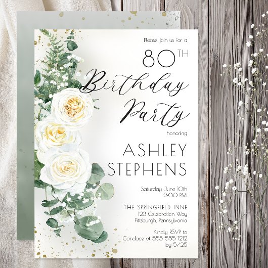 Invitation Fête d'anniversaire de 80 ans Boho Roses blanches