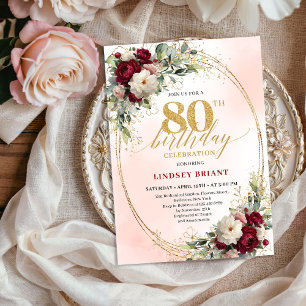 Invitation Fête d'anniversaire de 80 ans Burgundy Floral Gold