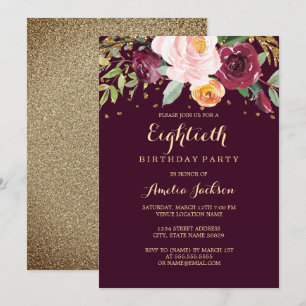 Invitation Fête d'anniversaire de 80 ans Burgundy Gold Floral