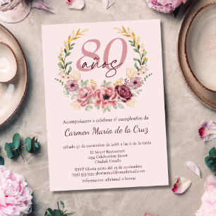 Invitation Fête d'anniversaire de 80 ans Floral Élégant Rose