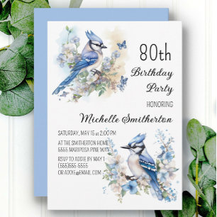 Invitation Fête d'anniversaire de 80 ans Geai bleu Fleurs Pri