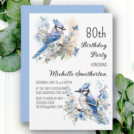 Invitation Fête d'anniversaire de 80 ans Geai bleu Fleurs Pri