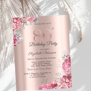 Invitation Fête d'anniversaire de 80 ans Rose Gold Floral Ros