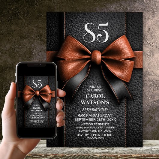 Invitation Fête d'anniversaire de 85 ans Tan Leather Bow