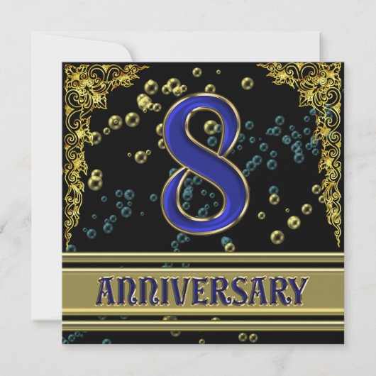 Invitation Fête d'anniversaire de 8 ans Black and Gold (Devant)