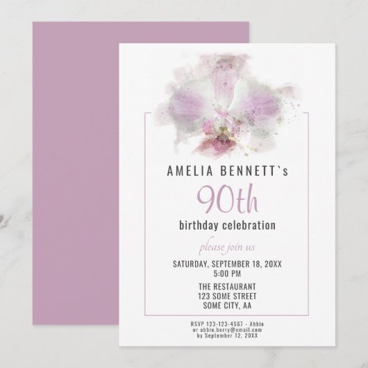 Invitation Fête d'anniversaire de 90 ans avec orchidée rose a (Devant / Derrière)