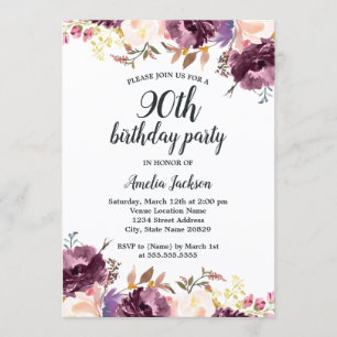 Invitation Fête d'anniversaire de 90 ans Bloom Watercolor Pur