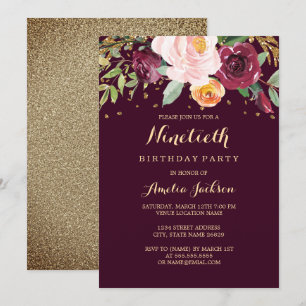 Invitation Fête d'anniversaire de 90 ans Burgundy Gold Floral