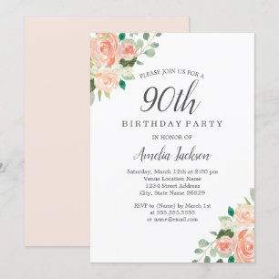 Invitation Fête d'anniversaire de 90 ans Peach Blush aquarell