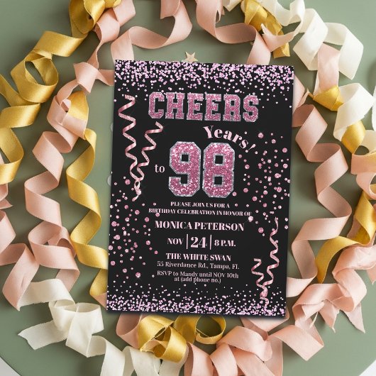Invitation Fête d'anniversaire de 98 ans avec strass rose sci