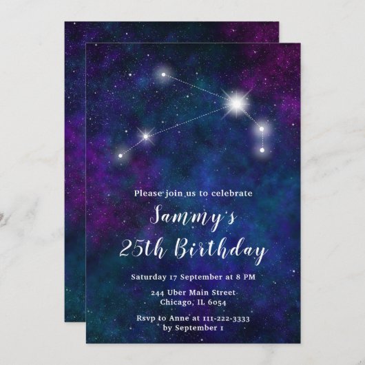 Invitation Fête d'anniversaire de Aries Zodiac Constellation (Devant / Derrière)
