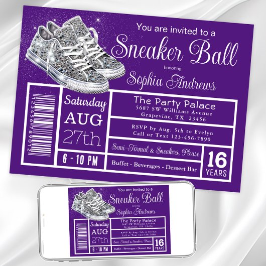 Invitation Fête d'anniversaire de bal de baskets diamant viol