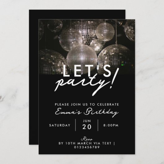 Invitation Fête d'anniversaire de bal de disco argent moderne (Devant / Derrière)