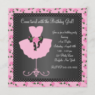 Invitation Fête d'anniversaire de ballerine de rose rose pour