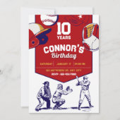 Invitation Fête d'anniversaire de base-ball illustrée en roug (Devant)