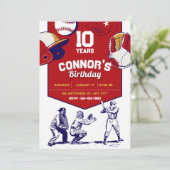 Invitation Fête d'anniversaire de base-ball illustrée en roug (Debout devant)