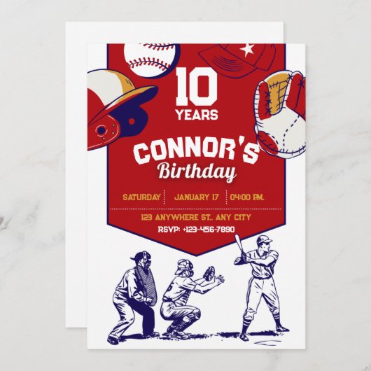 Invitation Fête d'anniversaire de base-ball illustrée en roug (Devant / Derrière)