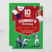 Invitation Fête d'anniversaire de base-ball illustrée rouge e (Devant / Derrière)