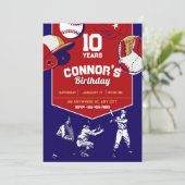 Invitation Fête d'anniversaire de base-ball illustrée rouge e (Debout devant)