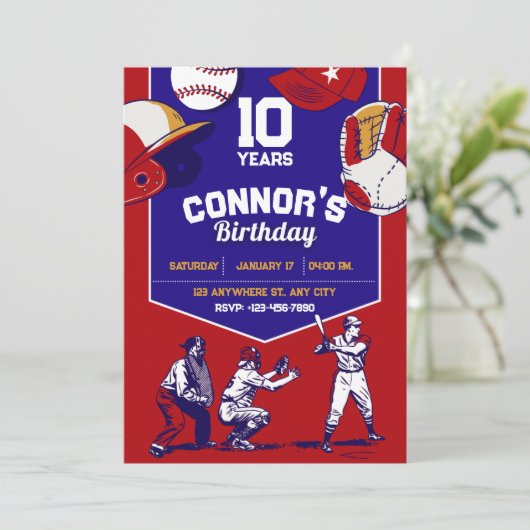 Invitation Fête d'anniversaire de base-ball illustrée rouge e (Debout devant)