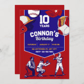 Invitation Fête d'anniversaire de base-ball illustrée rouge e (Devant / Derrière)