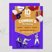 Invitation Fête d'anniversaire de base-ball violet et orange (Devant / Derrière)