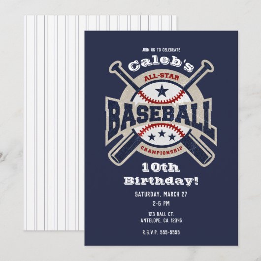 Invitation Fête d'anniversaire de baseball Sport All Star Ble (Devant / Derrière)