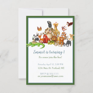 Invitation Fête d'anniversaire de bébé avec des animaux migno