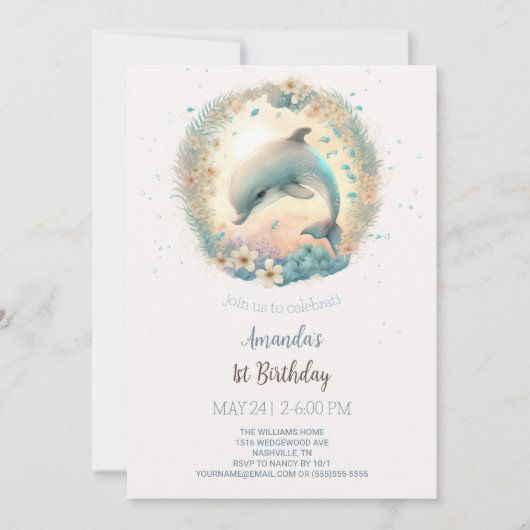 Invitation Fête d'anniversaire de bébé dauphin mignon (Devant)