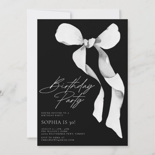 Invitation Fête d'anniversaire de Black Bow moderne (Devant)