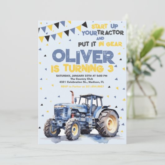 Invitation Fête d'anniversaire de Blue Tractor (Debout devant)