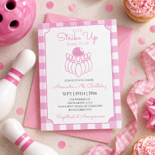 Invitation Fête d'anniversaire de bowling au vichy rose