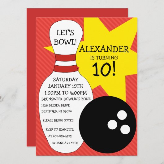 Invitation Fête d'anniversaire de bowling de coup de bowling (Devant / Derrière)