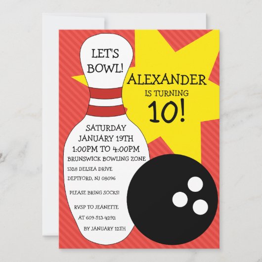 Invitation Fête d'anniversaire de bowling de coup de bowling (Devant)